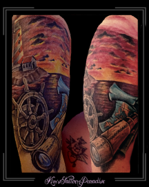 coverup-zeekaart-sleeve-stuurwiel-horizon-verrekijker-vuurtoren-bovenarm