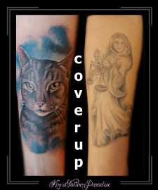 coverup portret poes kat dier onderarm