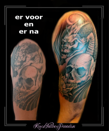 coverup,verfraaiing,skull,draak,bovenarm