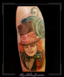 mad hatter,cheshirecat,alice in wonderland, walt disney, bovenarm, poes, kat,