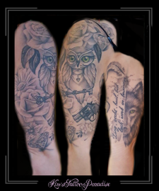 sleeve tekst wolf hond uil wolken pistool revolver kristal bloemen rozen roos bovenarm