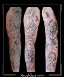 sleeve,boeddha.budha,ganeisha,piramide,sugar skull,farao,bloesem,wolken,anubis,jakhalsgod,lotus,