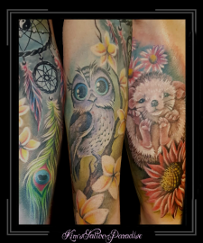 sleeve,uil,egel,pauwenveer,bloemen,dreamcatcher,dromenvanger,onderarm,