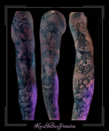 sleeve,vrouw,klok,bloemen,lelies,leeuw,welp,kroon,oog,driehoek,