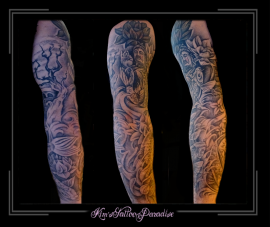 sleeve boeddha vis karper tempel boom wolken stralen bloemen